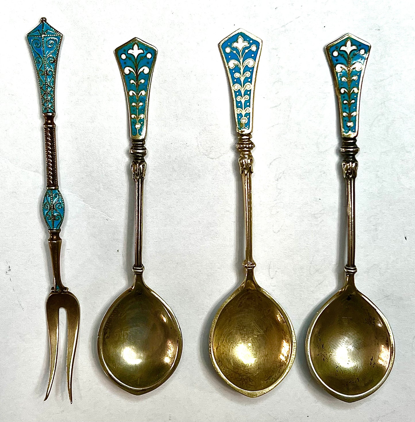 4 VINTAGE DEMITASSE NORWAY DAVID ANDERSEN 925S/ENAMEL STERLING SILVER SPOON FORK