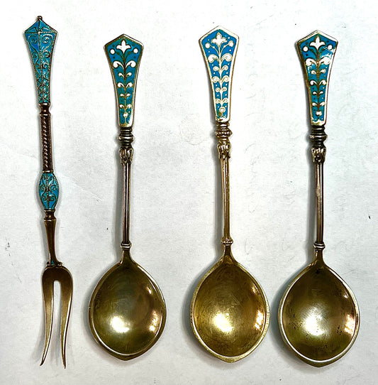 4 VINTAGE DEMITASSE NORWAY DAVID ANDERSEN 925S/ENAMEL STERLING SILVER SPOON FORK