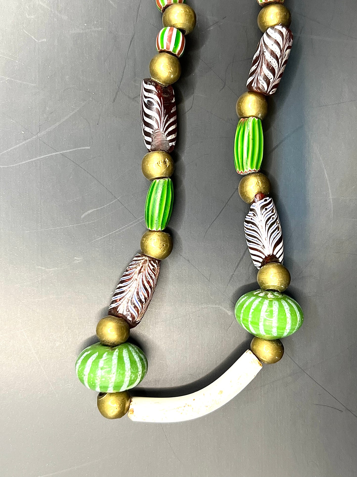 Antique Rare Venetian African Trade Bead Necklace 30” Glass, Bone & Brass Beads