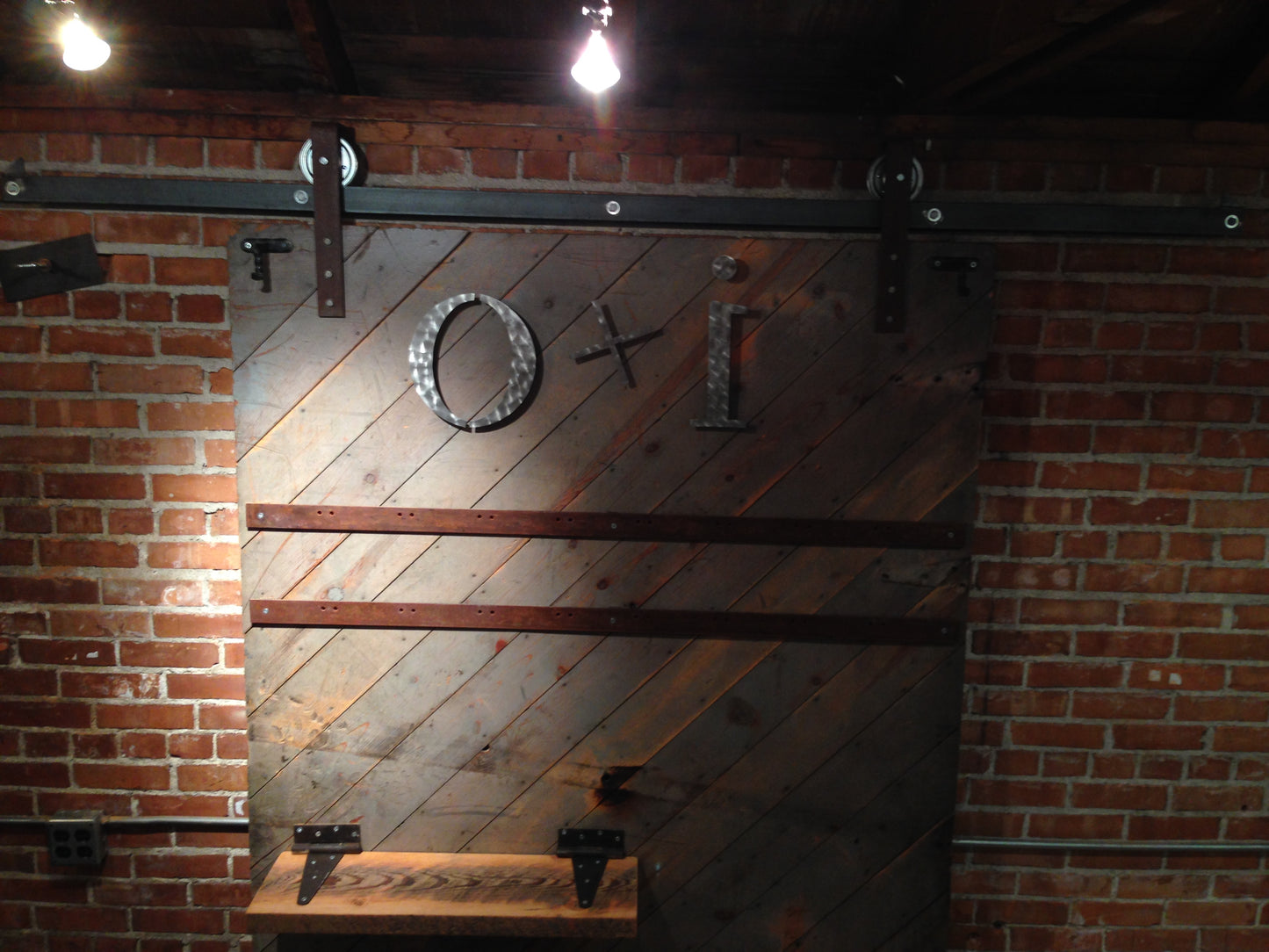 Warehouse door made into clothing display.