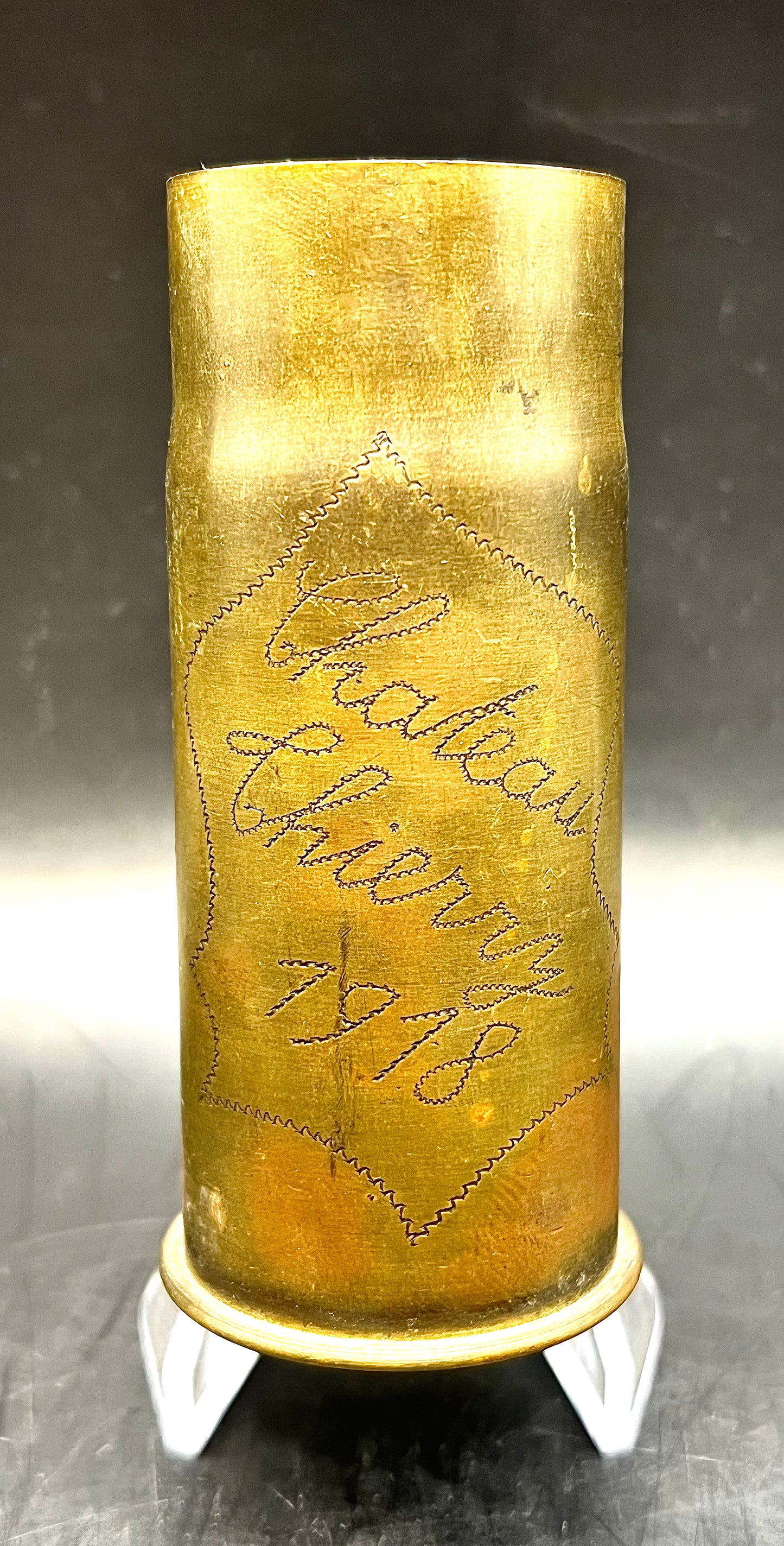 TRENCH ART BY USA SOLDIER ENGRAVED CHATEAU THIERRY 1918 WWI FRANCE Brass SHELL