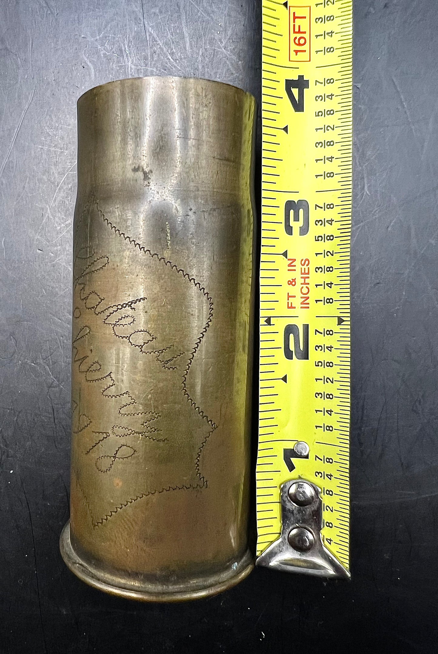 TRENCH ART BY USA SOLDIER ENGRAVED CHATEAU THIERRY 1918 WWI FRANCE Brass SHELL