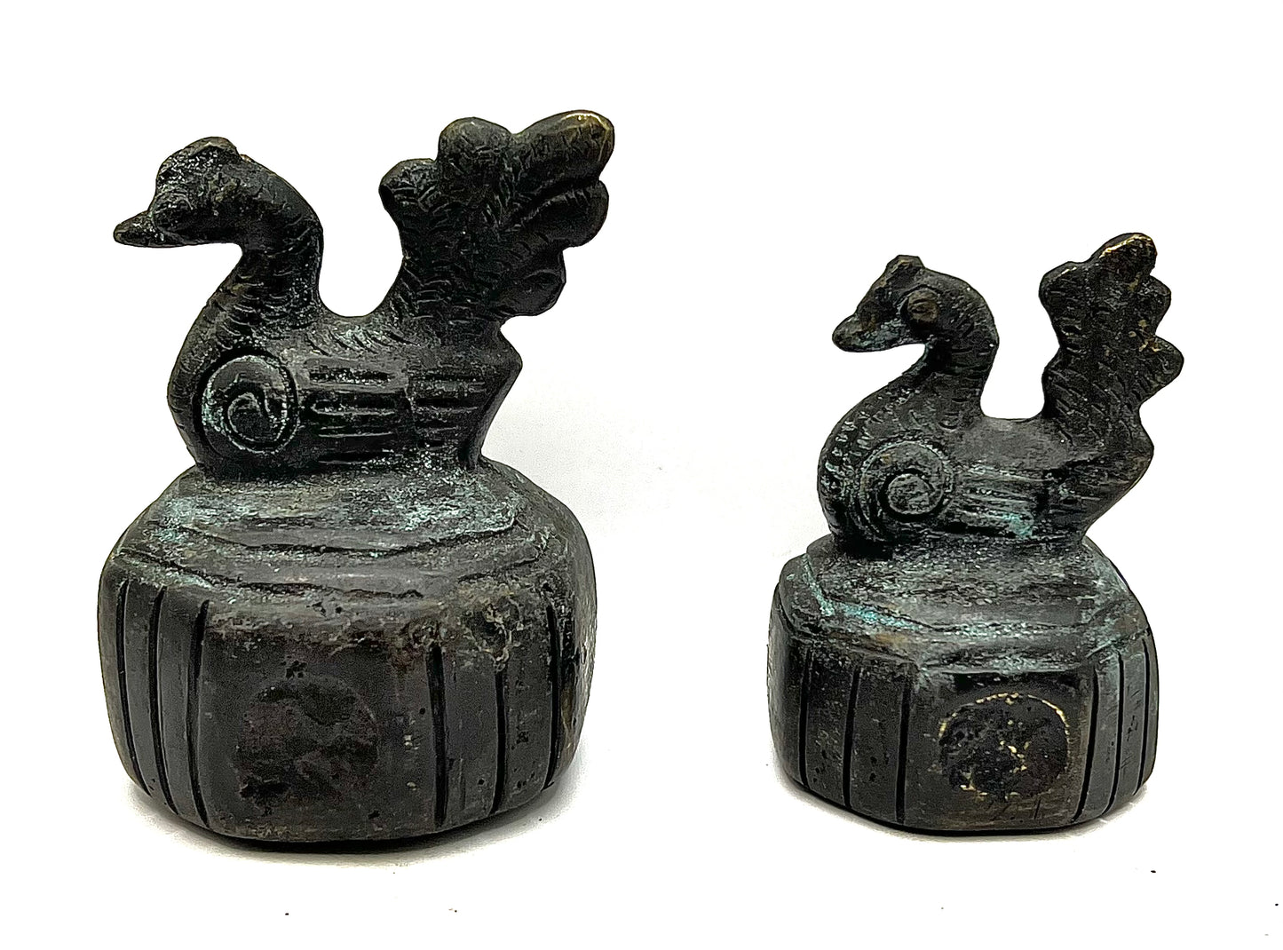 RARE Antique Set Of 2 BRONZE Burmese Myanmar Chicken Bird OPIUM WEIGHTS Thailand