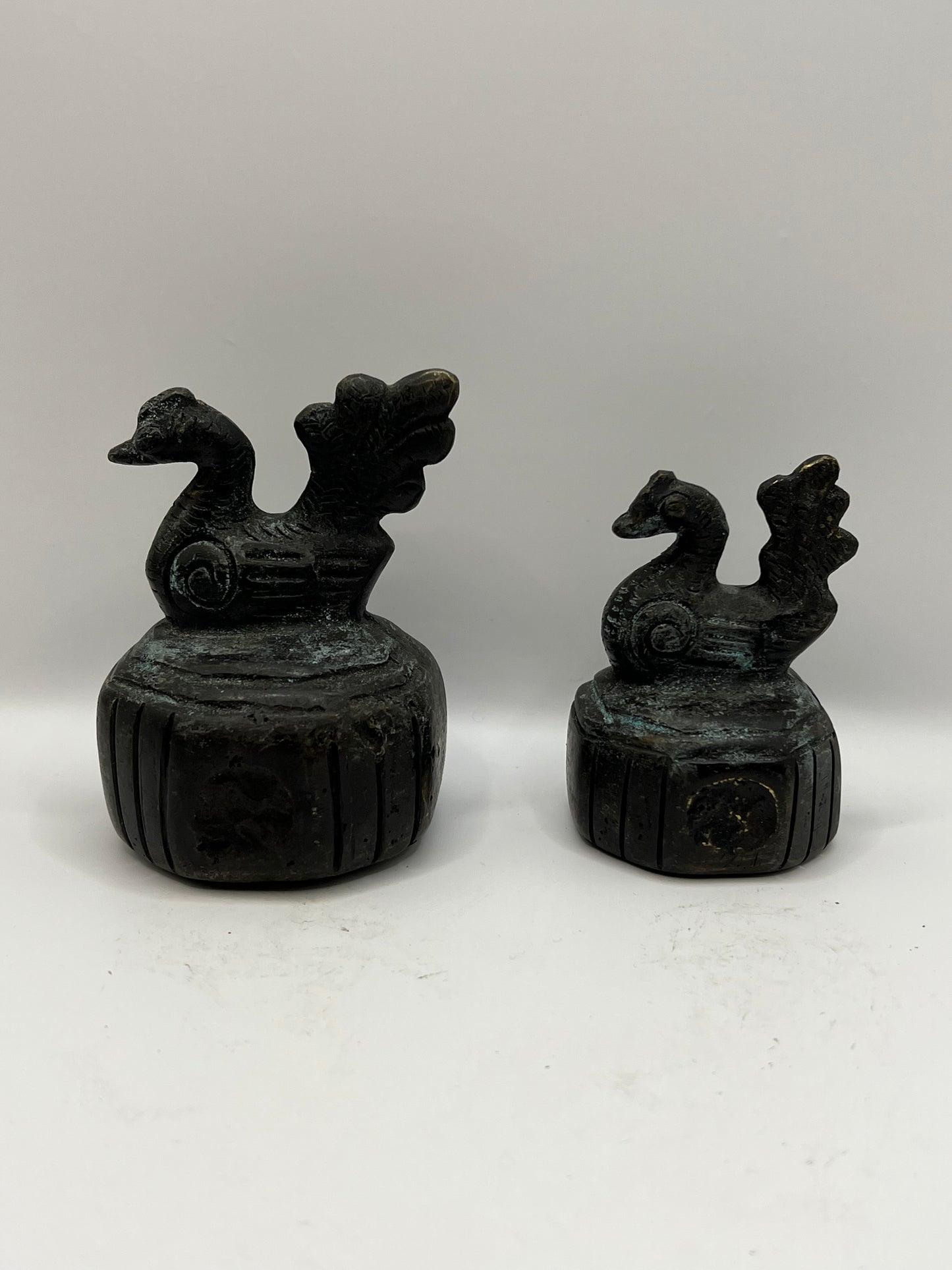 RARE Antique Set Of 2 BRONZE Burmese Myanmar Chicken Bird OPIUM WEIGHTS Thailand