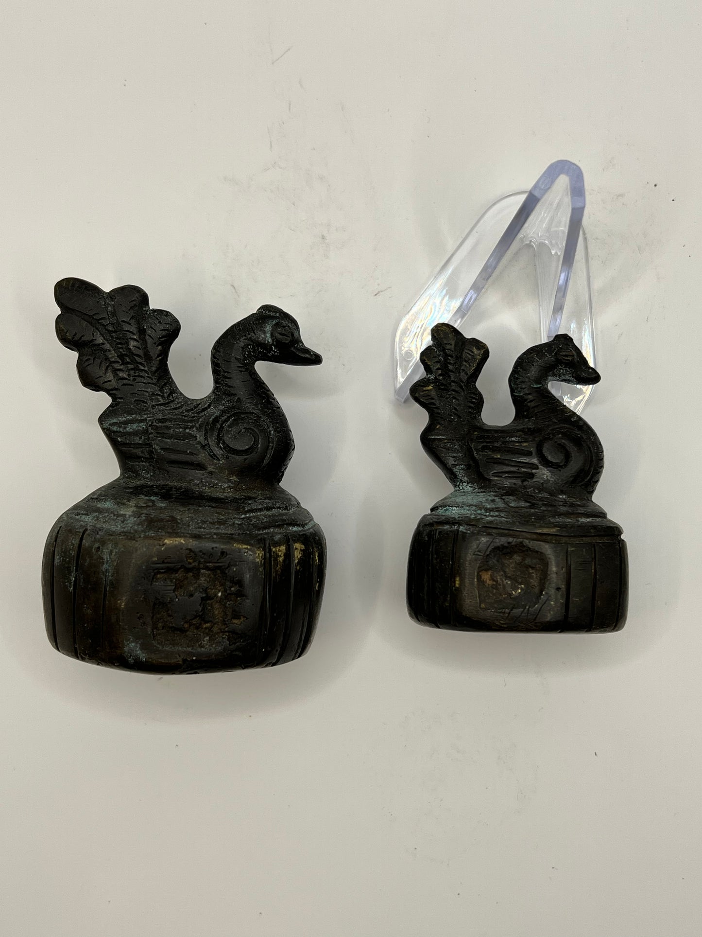 RARE Antique Set Of 2 BRONZE Burmese Myanmar Chicken Bird OPIUM WEIGHTS Thailand