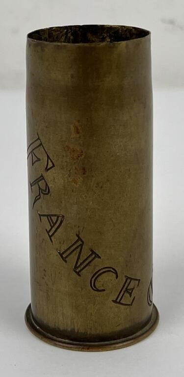 Antique WW1 37mm 1lb Case Engraved France England Brass Shell Vase 3 3/4" Tall