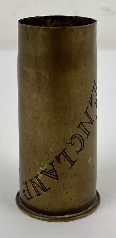 Antique WW1 37mm 1lb Case Engraved France England Brass Shell Vase 3 3/4" Tall