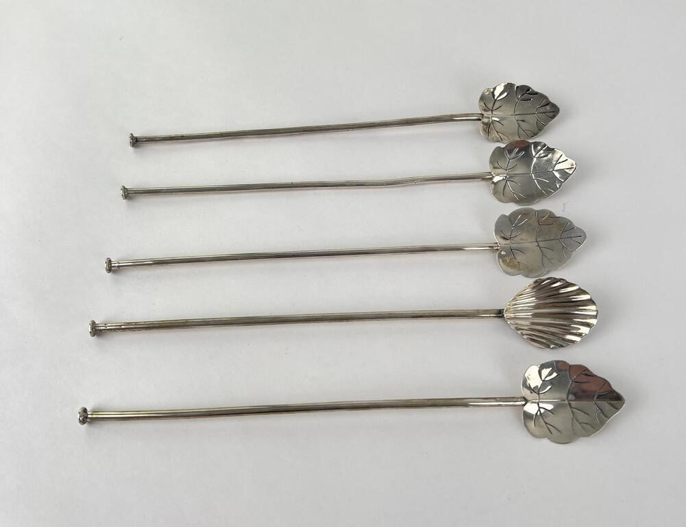 5 Vintage Taxco Sterling Silver Iced Tea Cocktail Straw Spoons, Leaf Design