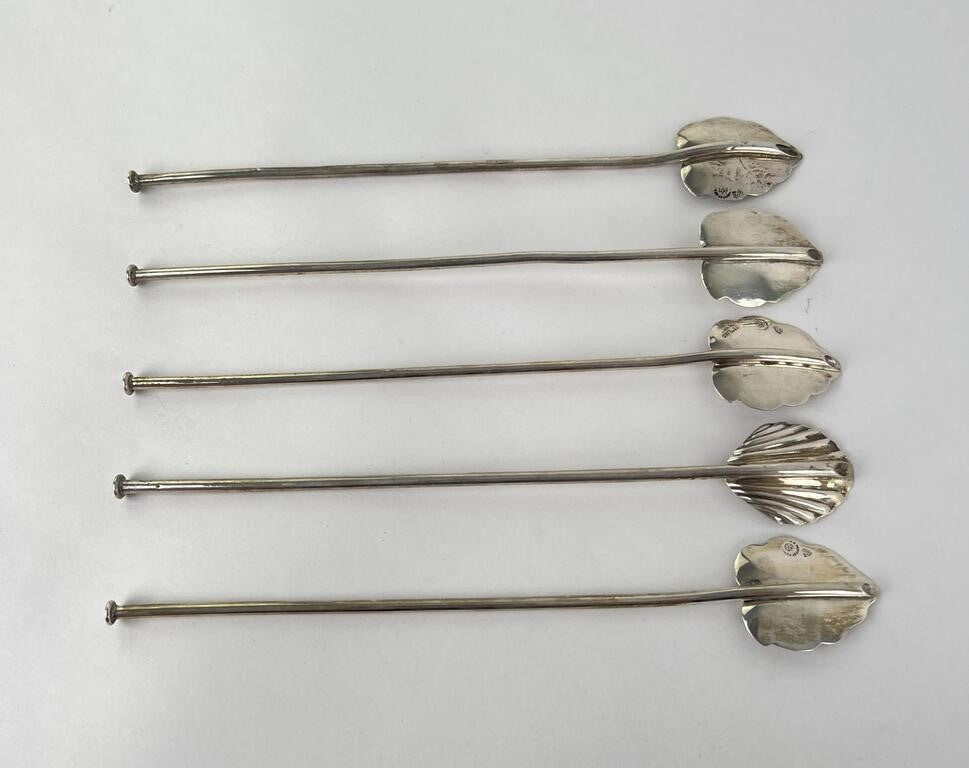 5 Vintage Taxco Sterling Silver Iced Tea Cocktail Straw Spoons, Leaf Design