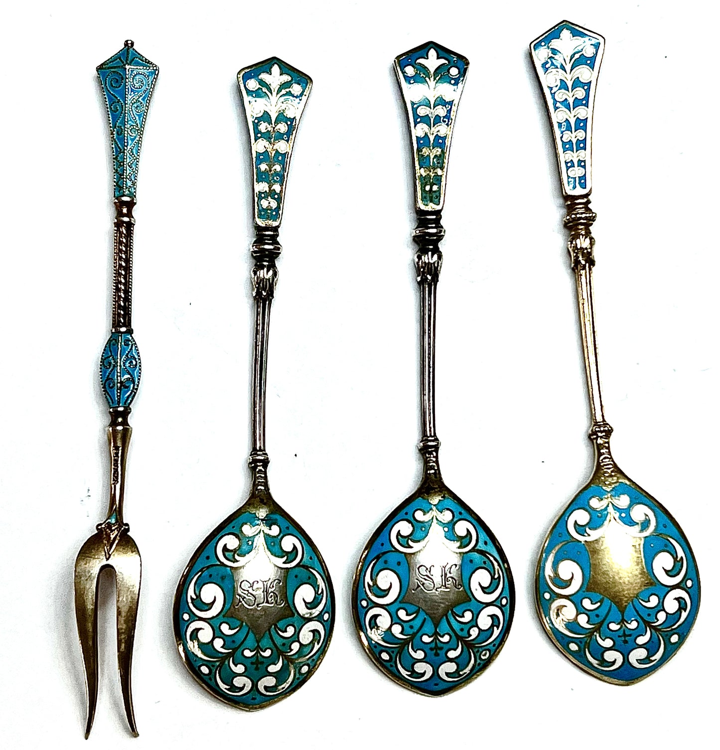 4 VINTAGE DEMITASSE NORWAY DAVID ANDERSEN 925S/ENAMEL STERLING SILVER SPOON FORK