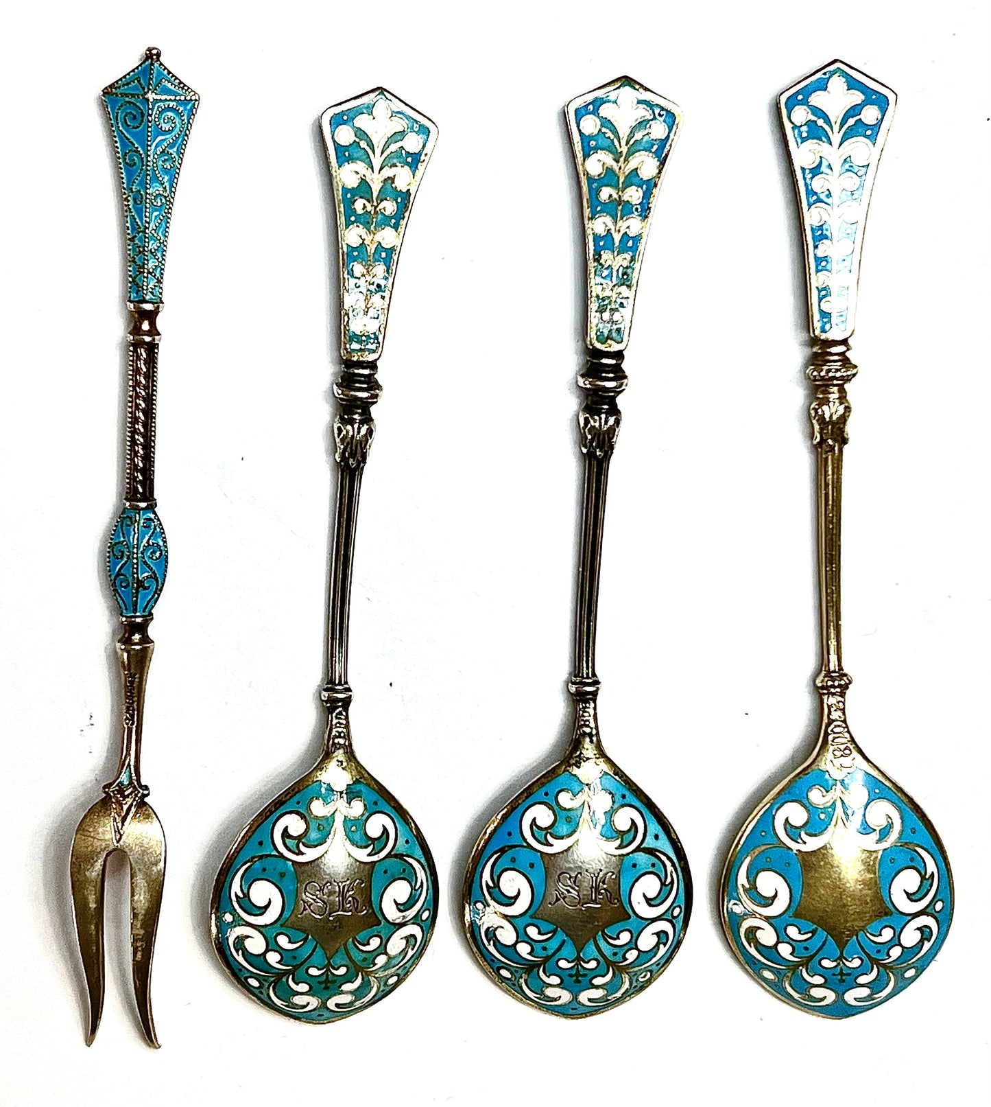 4 VINTAGE DEMITASSE NORWAY DAVID ANDERSEN 925S/ENAMEL STERLING SILVER SPOON FORK
