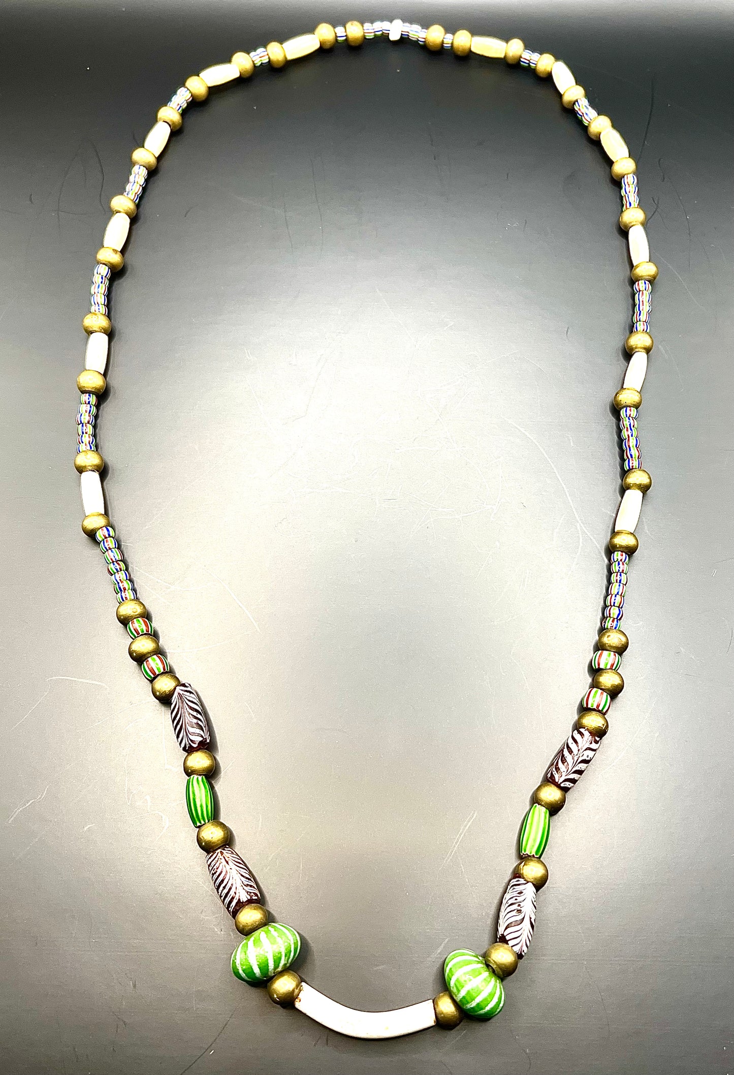 Antique Rare Venetian African Trade Bead Necklace 30” Glass, Bone & Brass Beads