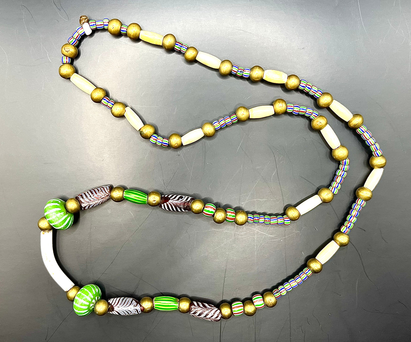 Antique Rare Venetian African Trade Bead Necklace 30” Glass, Bone & Brass Beads