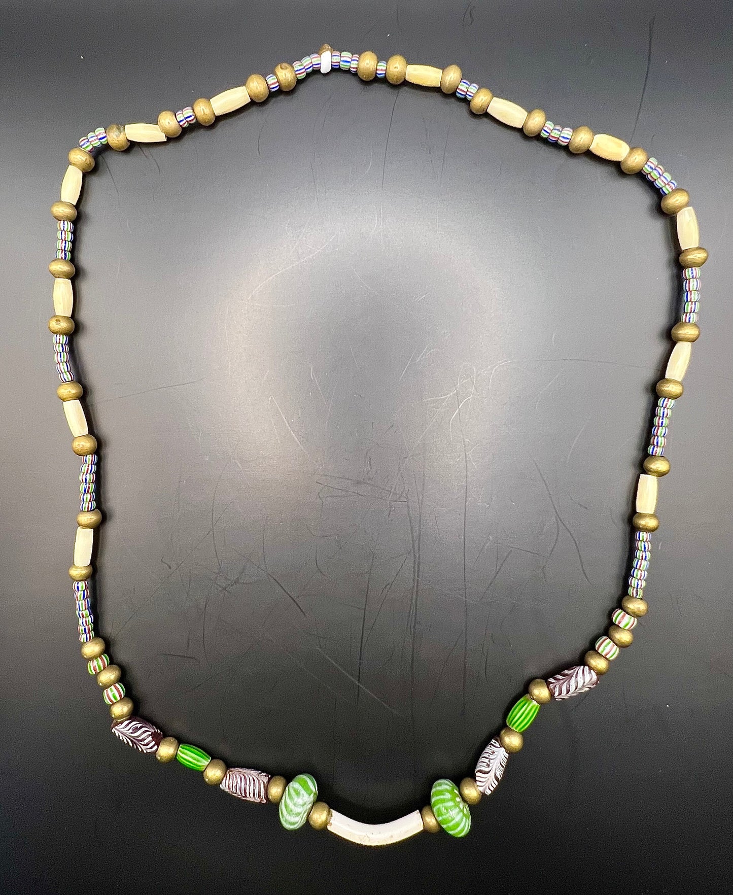 Antique Rare Venetian African Trade Bead Necklace 30” Glass, Bone & Brass Beads