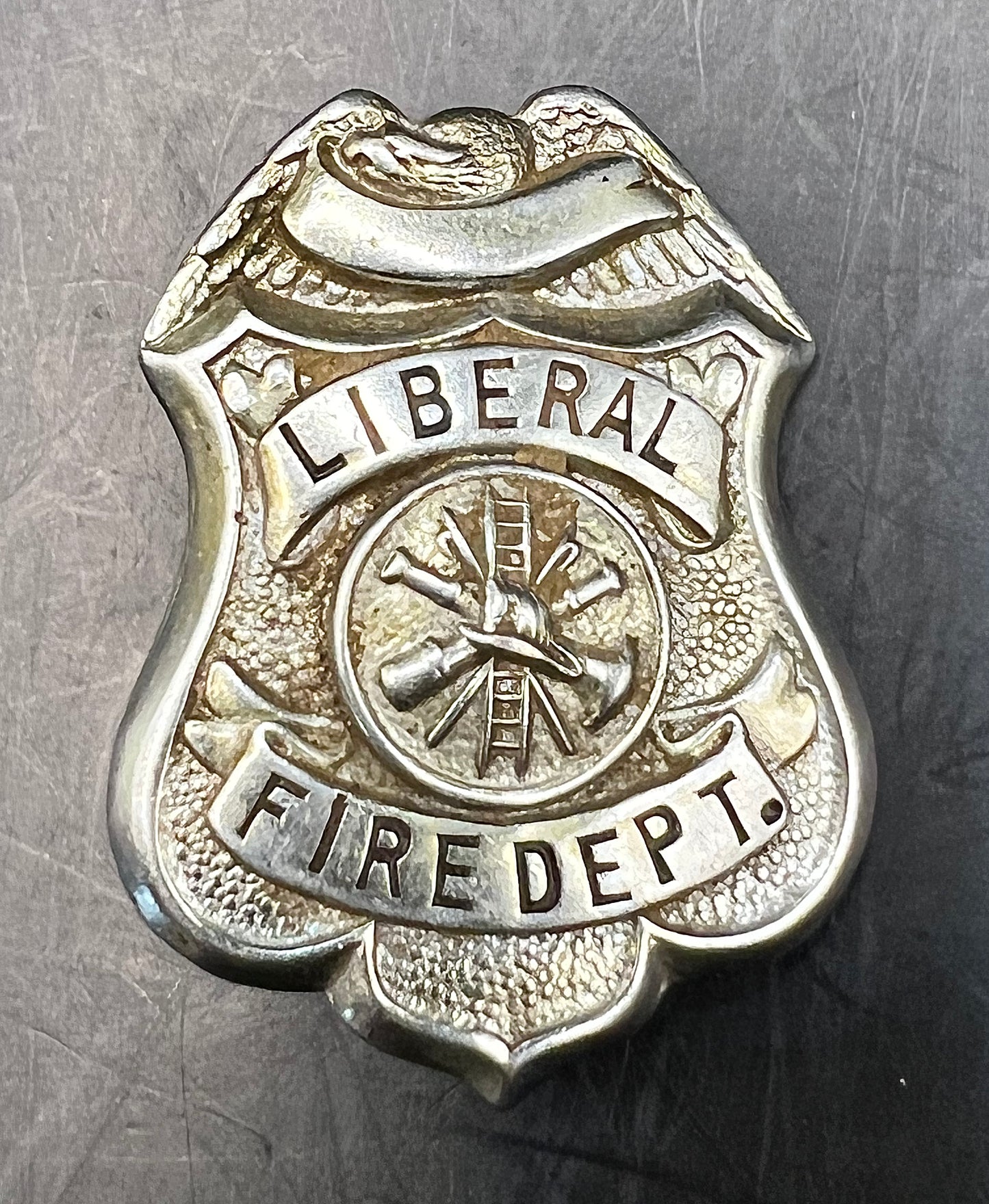 Vintage 1950’s Liberal Kansas Fire Department Badge Shield Stamped C.D. Reese New Warren St. York NY.