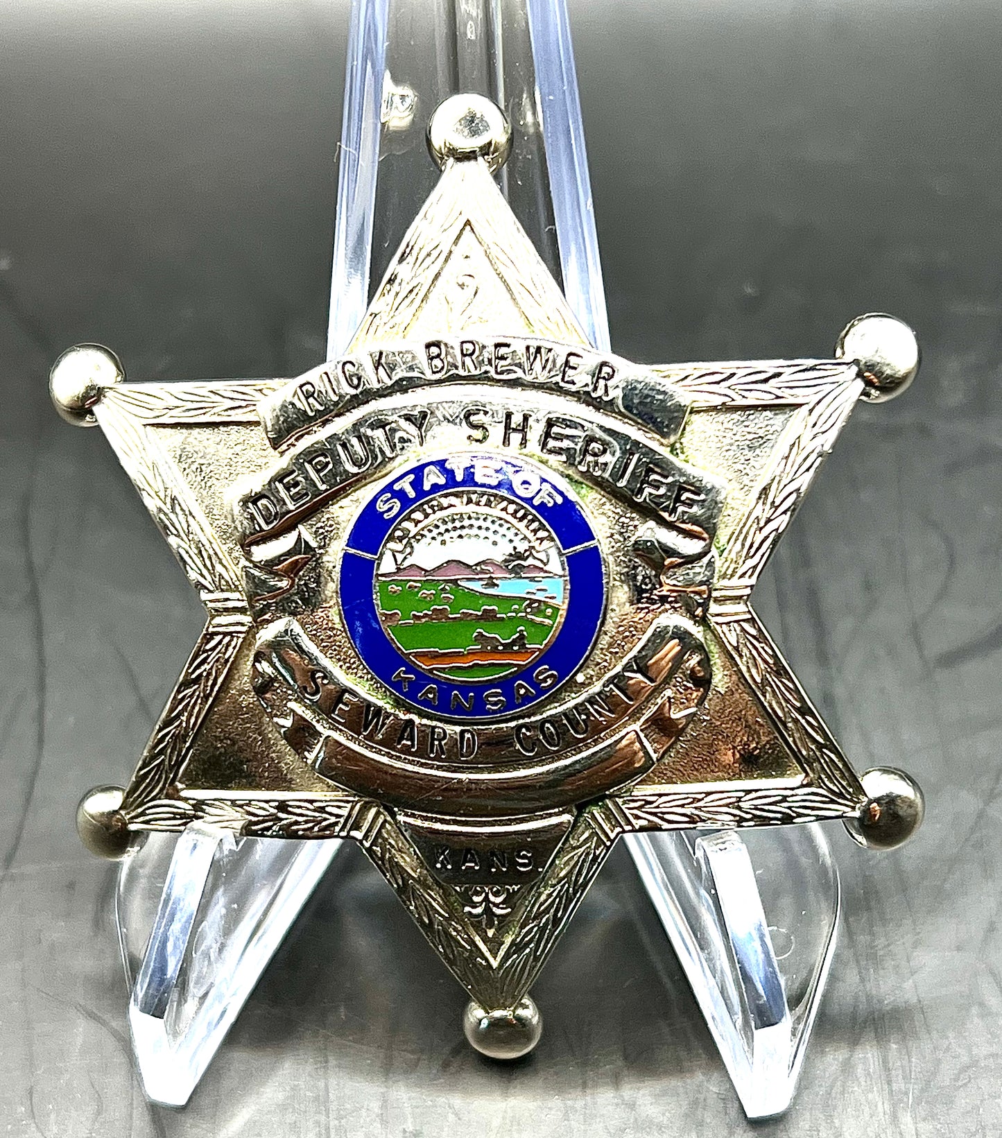 Vintage Deputy Sheriff Seward County Kansas Badge Shield Named to "Rick Brewer"