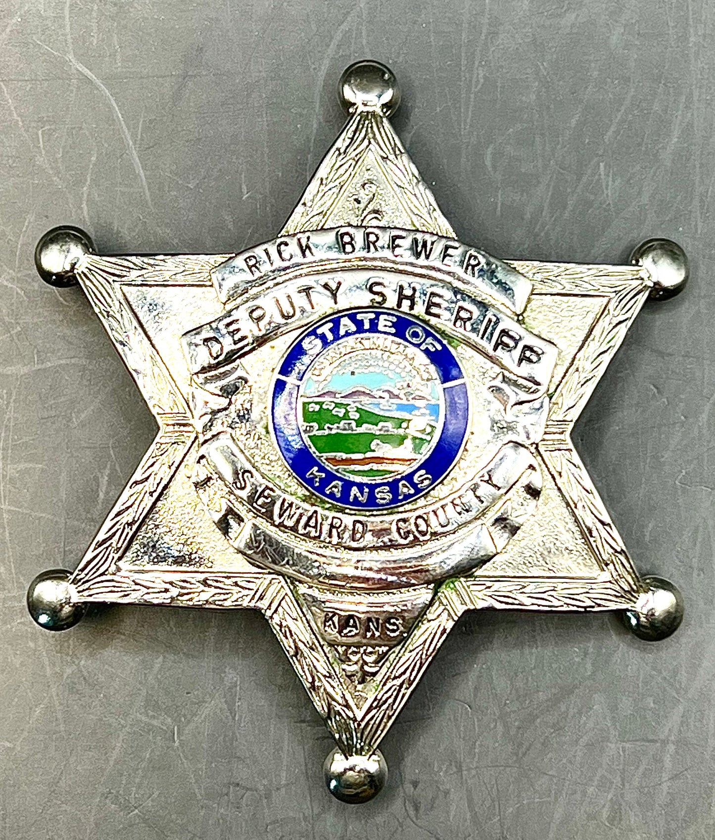 Vintage Deputy Sheriff Seward County Kansas Badge Shield Named to "Rick Brewer"