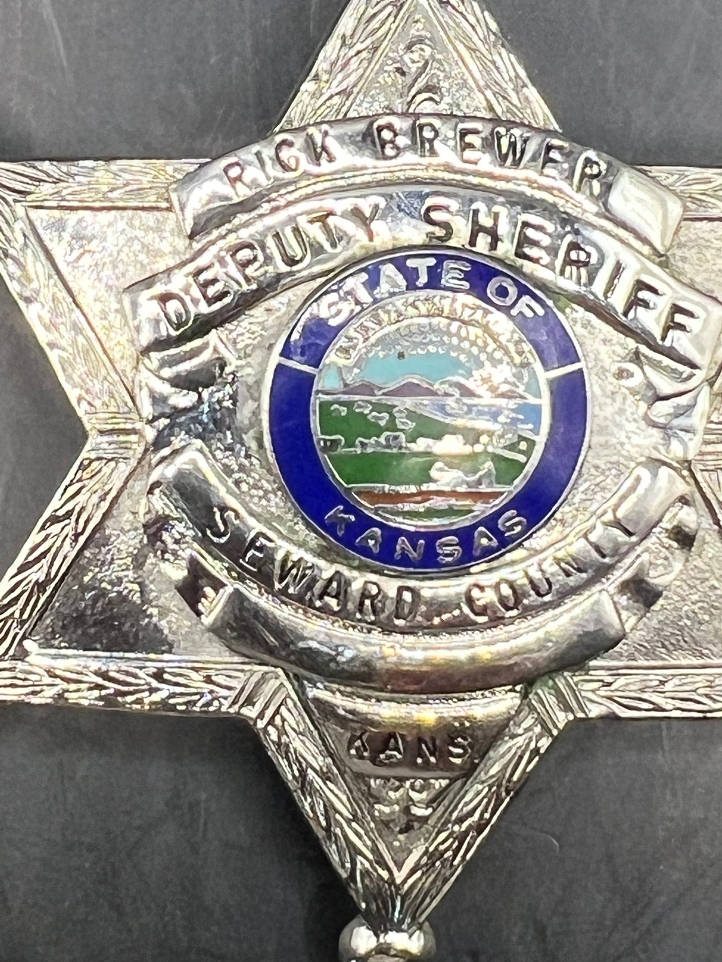 Vintage Deputy Sheriff Seward County Kansas Badge Shield Named to "Rick Brewer"