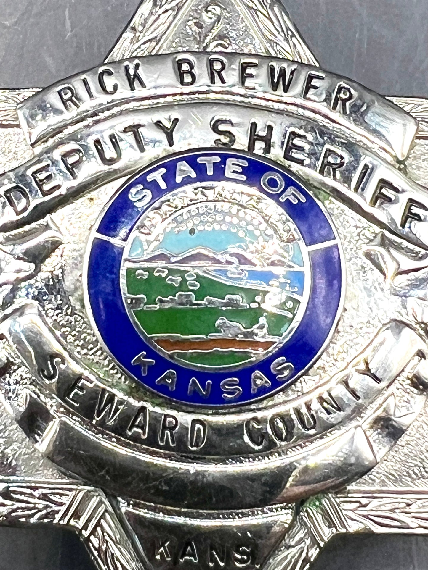 Vintage Deputy Sheriff Seward County Kansas Badge Shield Named to "Rick Brewer"