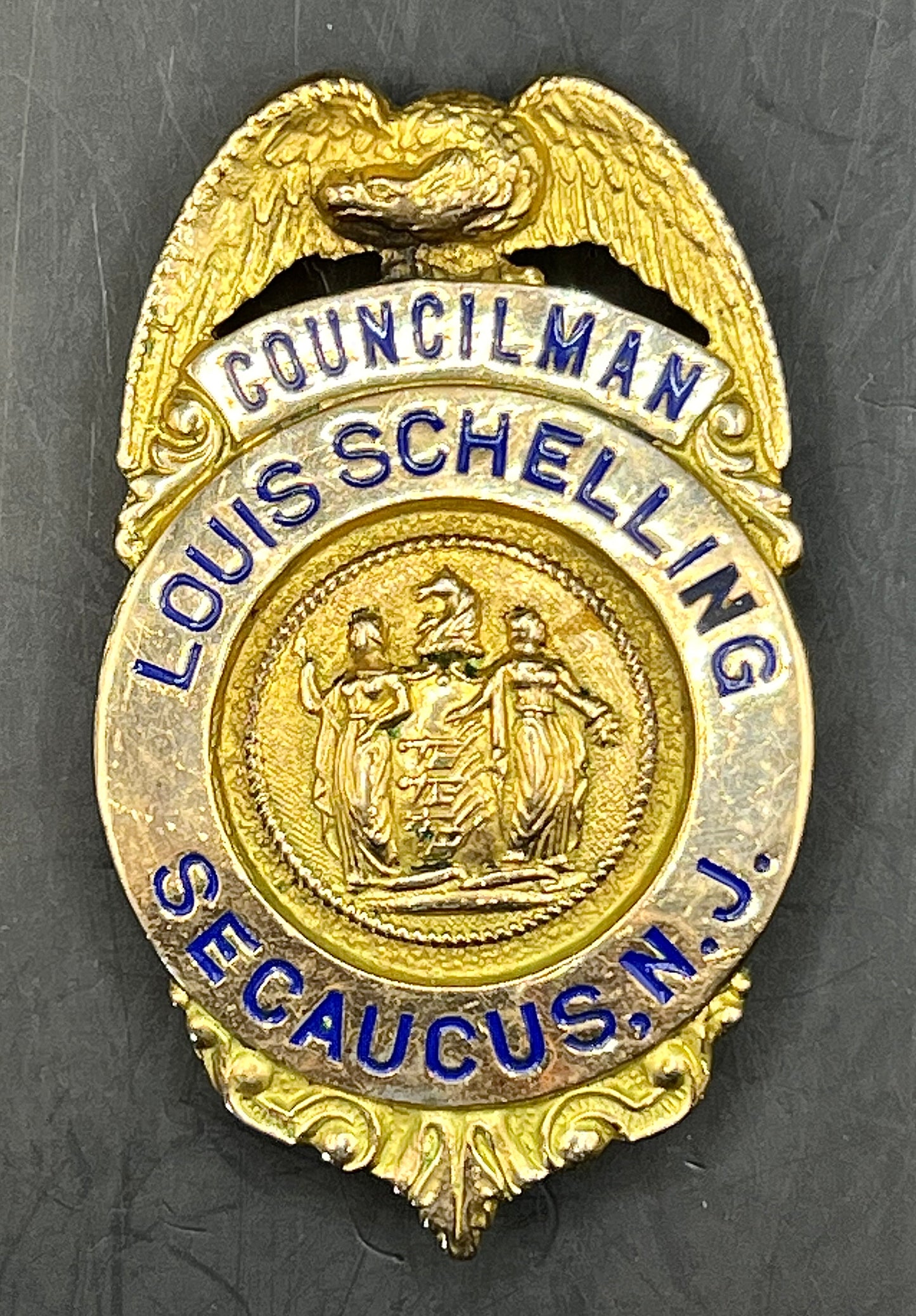 1970's Councilman Secaucus New Jersey Badge Named "LOUIS SCHELLING" Shield