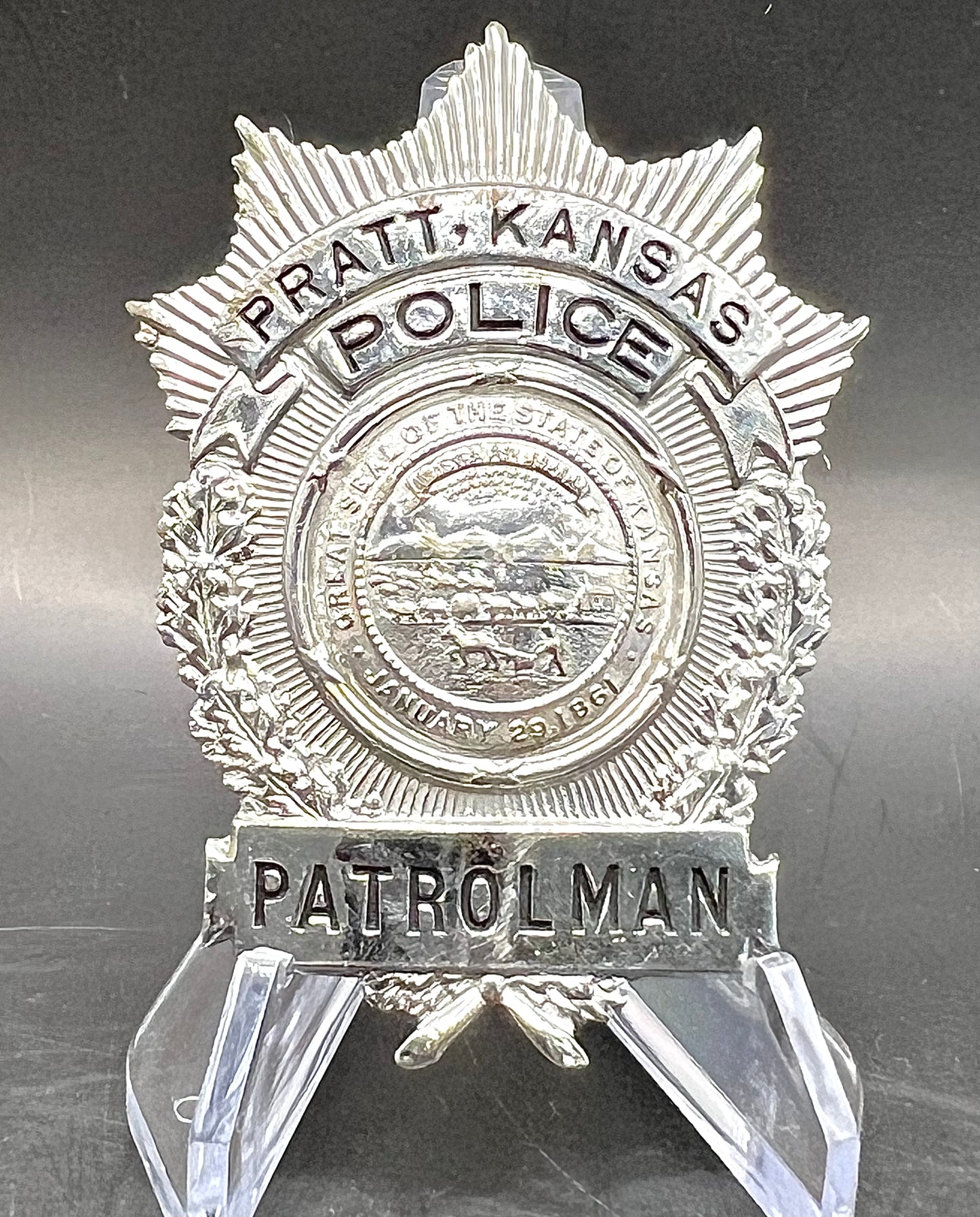 Vintage Pratt, Kansas Police Patrolman Badge A Hard To Find Badge Style for Sale