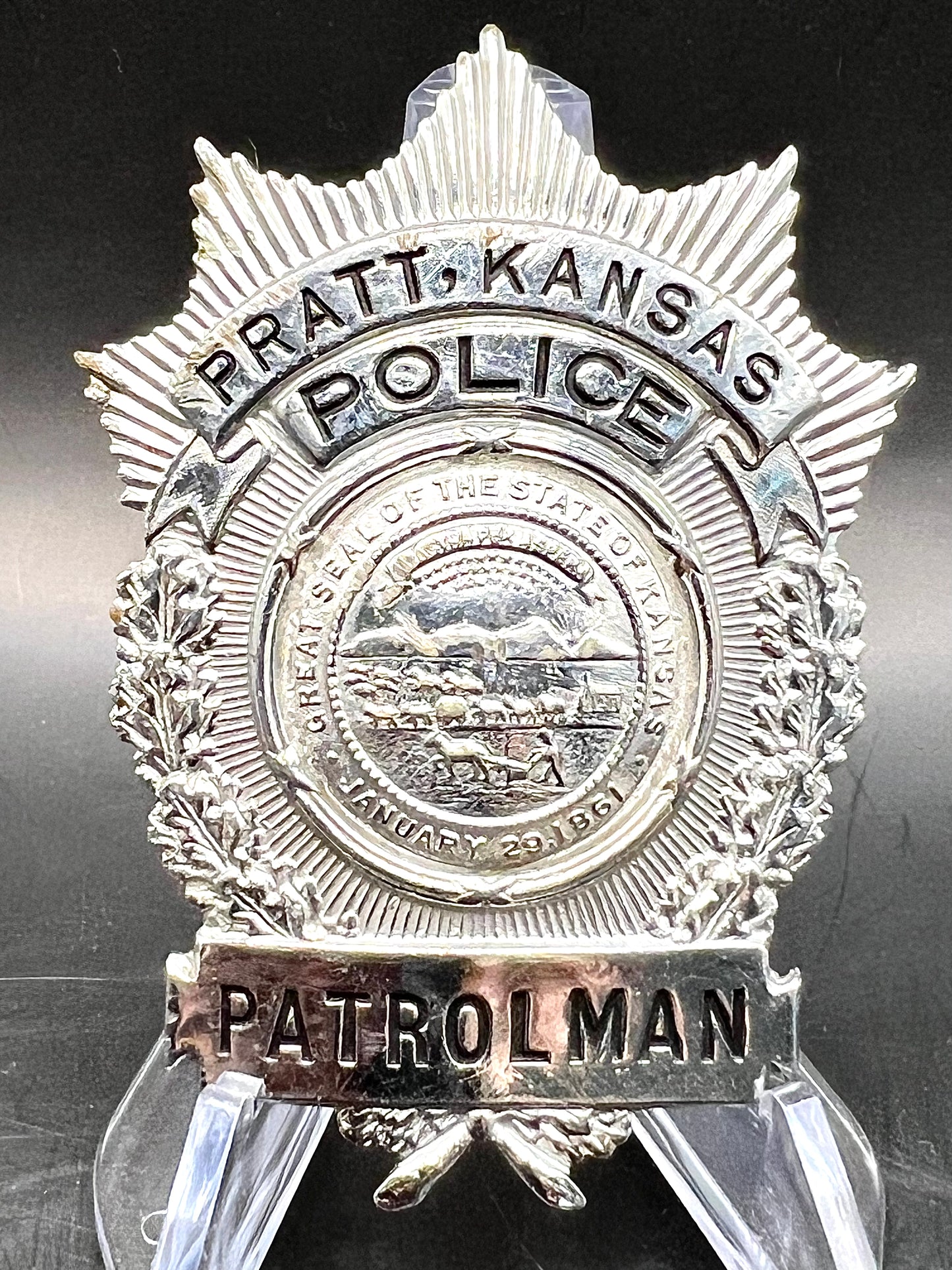 Vintage Pratt, Kansas Police Patrolman Badge A Hard To Find Badge Style for Sale