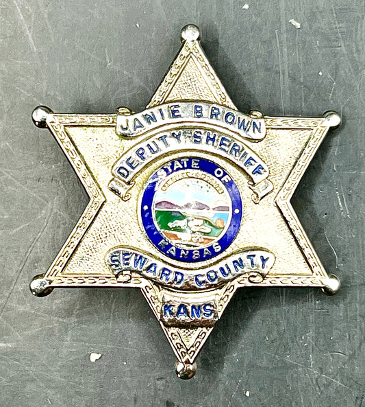 Deputy Sheriff Seward County Kansas Badge Named "Janie Brown" 1 5/8" diameter