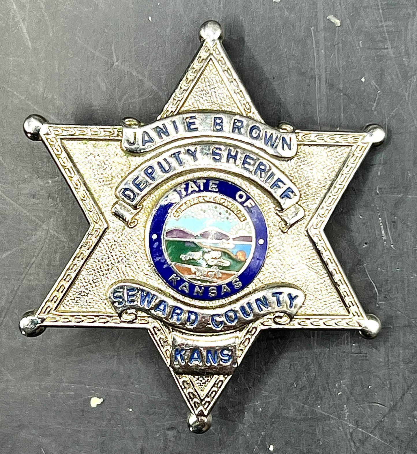 Deputy Sheriff Seward County Kansas Badge Named "Janie Brown" 1 5/8" diameter