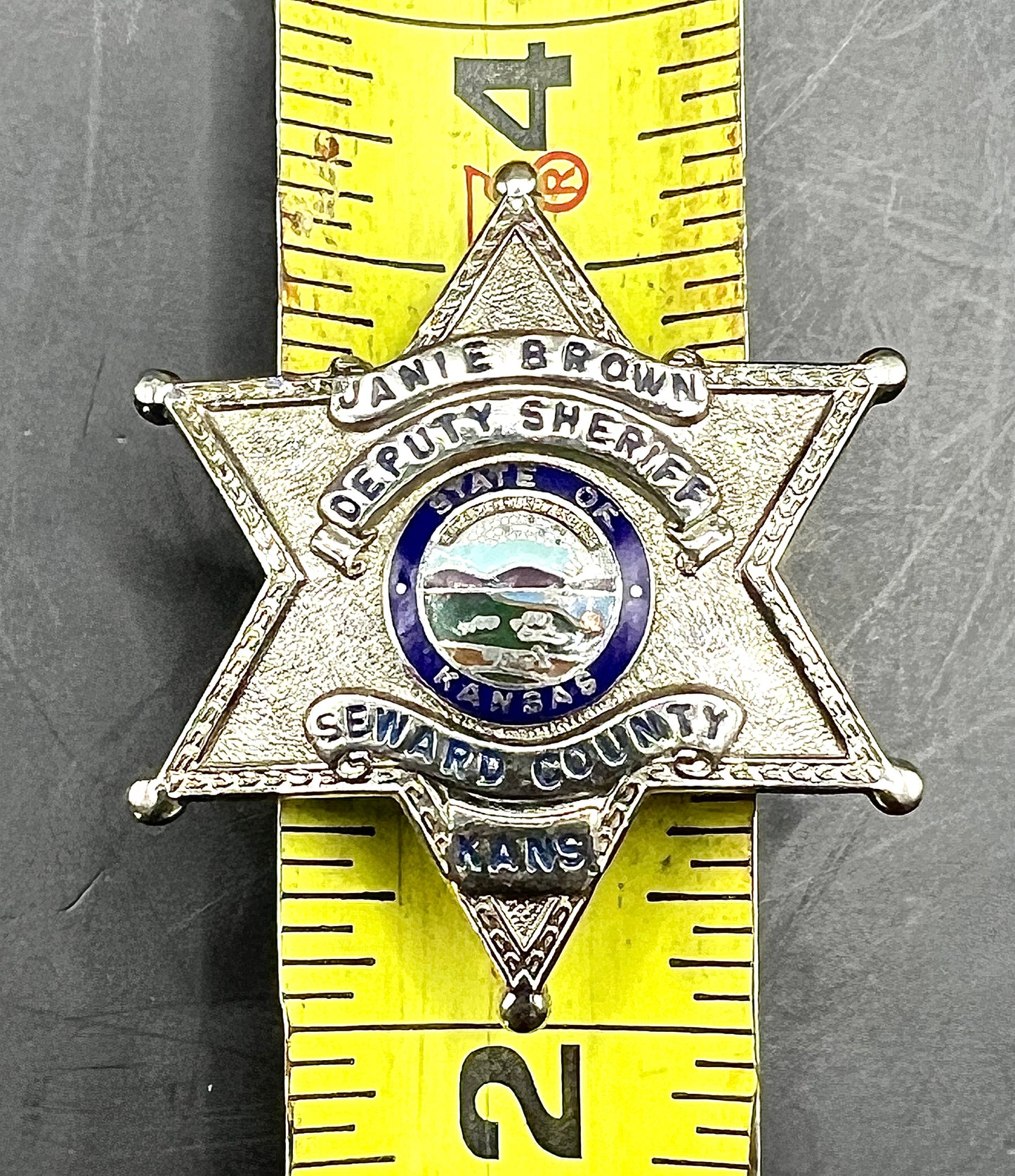 Deputy Sheriff Seward County Kansas Badge Named "Janie Brown" 1 5/8" diameter