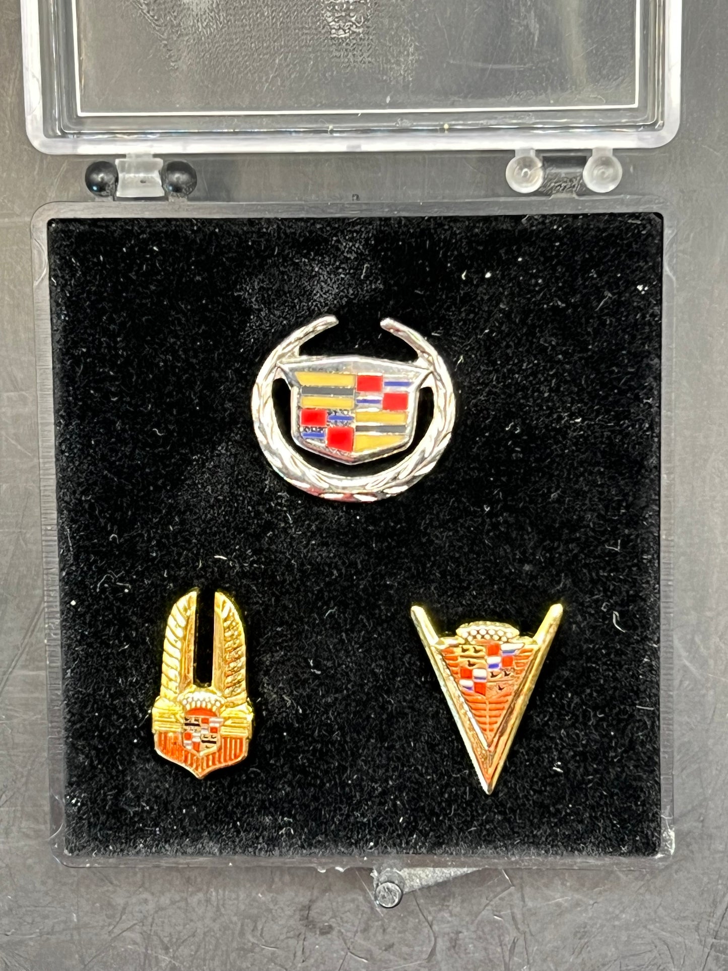 Vintage Collection Set of 3 Cadillac Emblem Lapel Pins In box 1941, 1947 & 2000