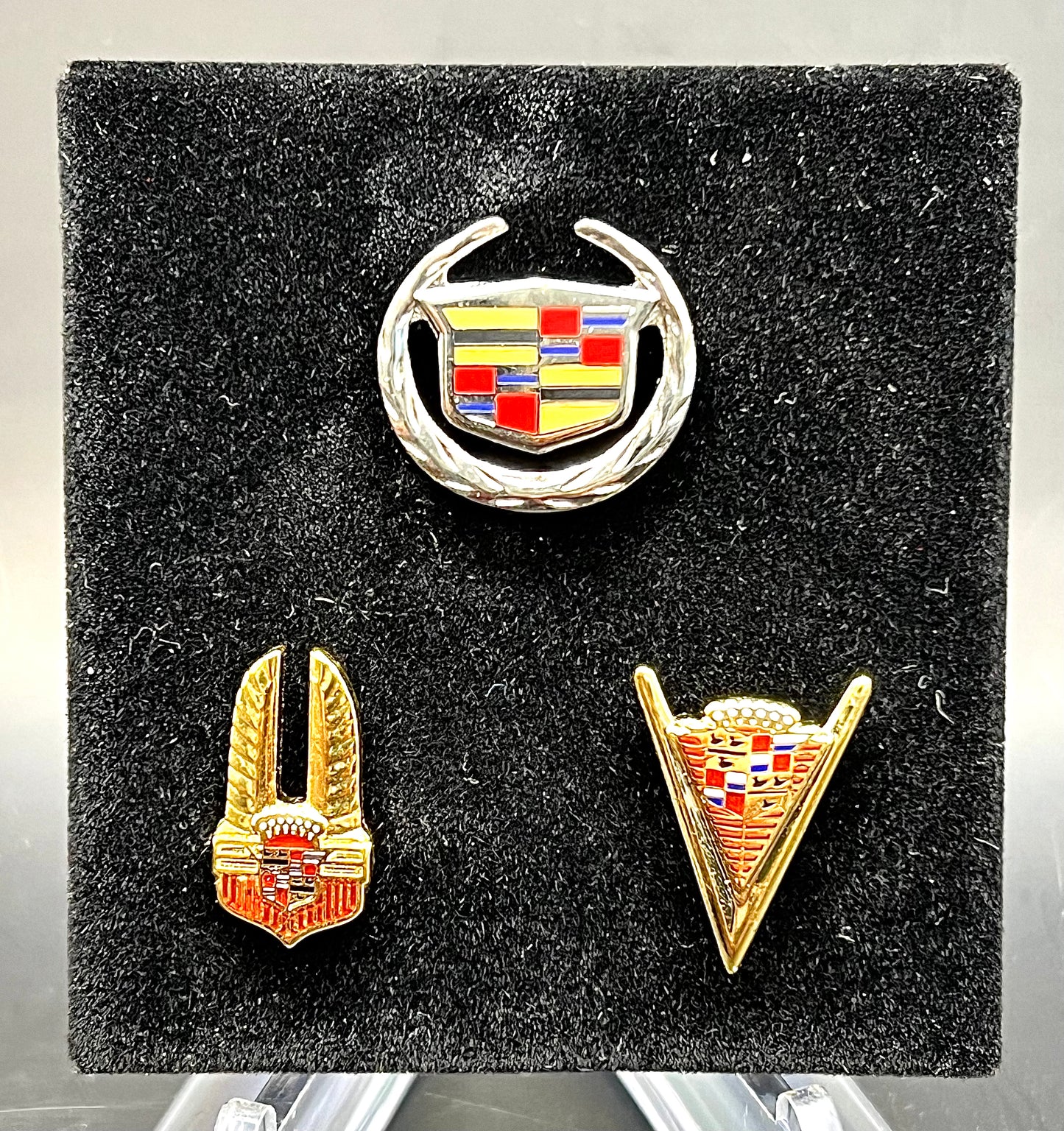 Vintage Collection Set of 3 Cadillac Emblem Lapel Pins In box 1941, 1947 & 2000