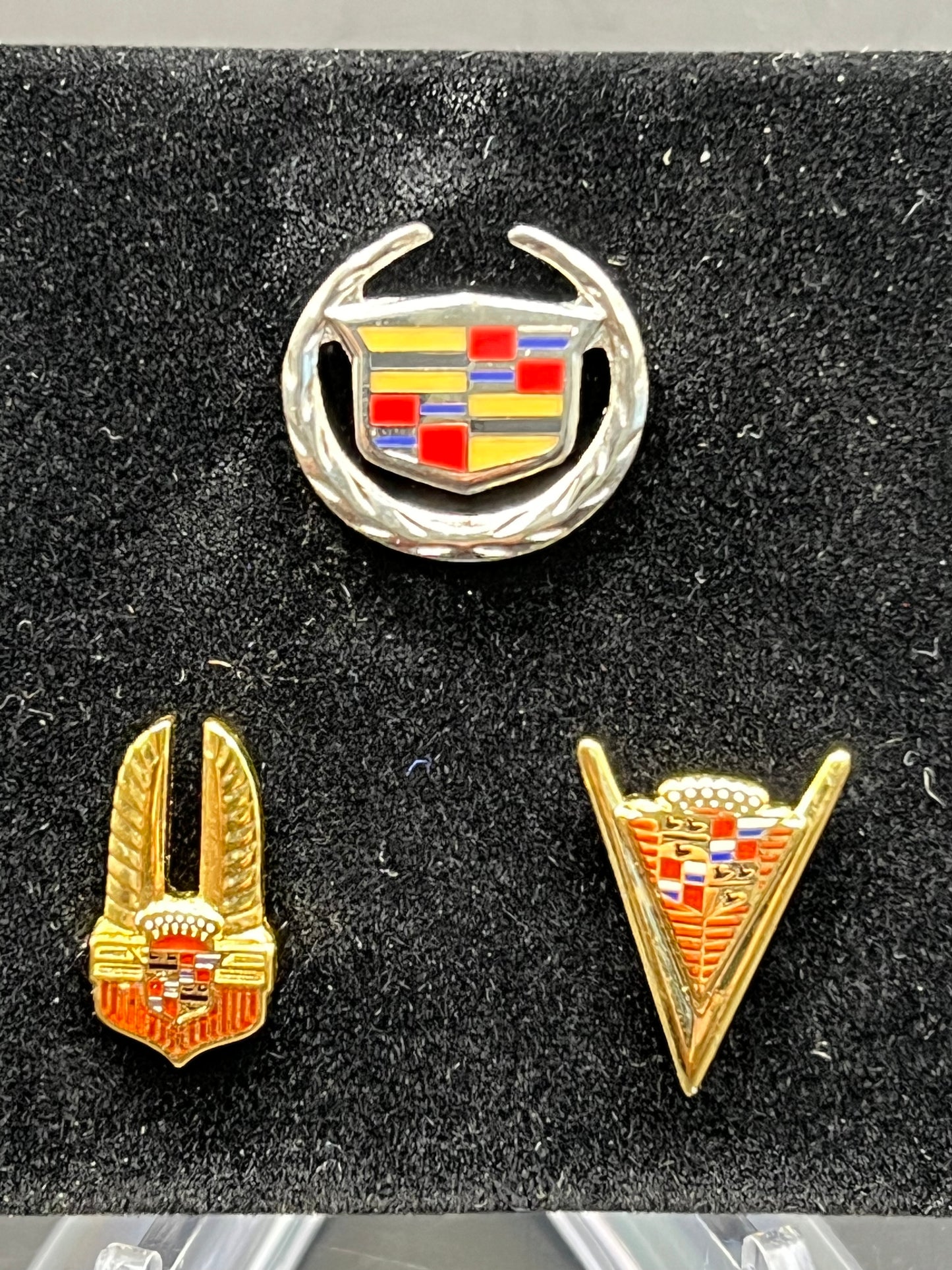 Vintage Collection Set of 3 Cadillac Emblem Lapel Pins In box 1941, 1947 & 2000