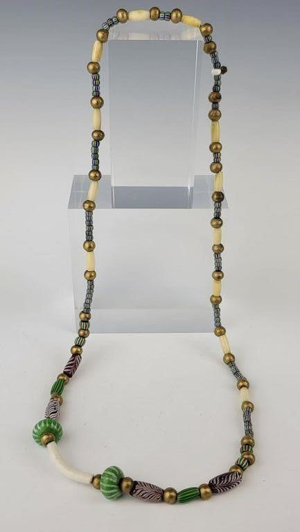 Antique Rare Venetian African Trade Bead Necklace 30” Glass, Bone & Brass Beads