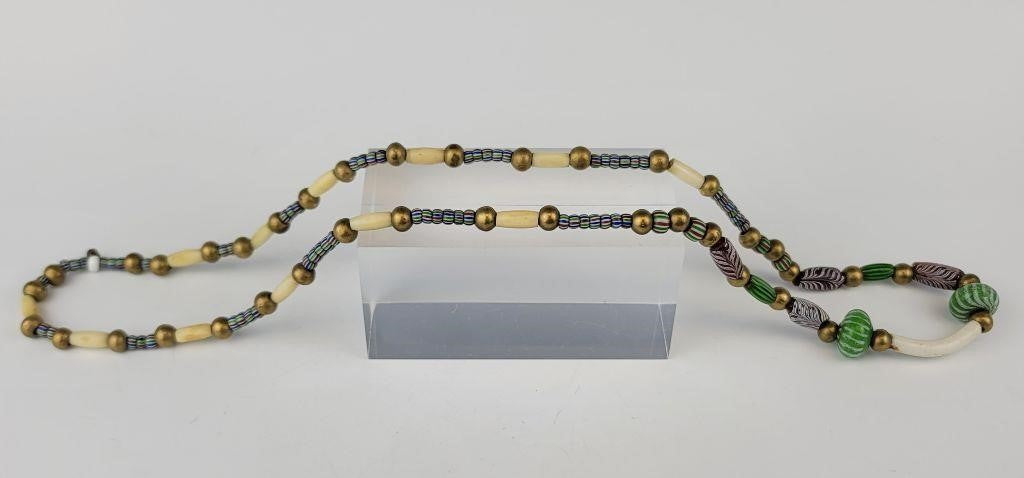 Antique Rare Venetian African Trade Bead Necklace 30” Glass, Bone & Brass Beads